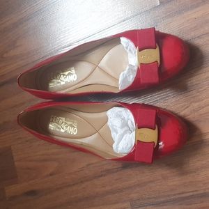 Salvatore Ferragamo Varina red patent leather flats.